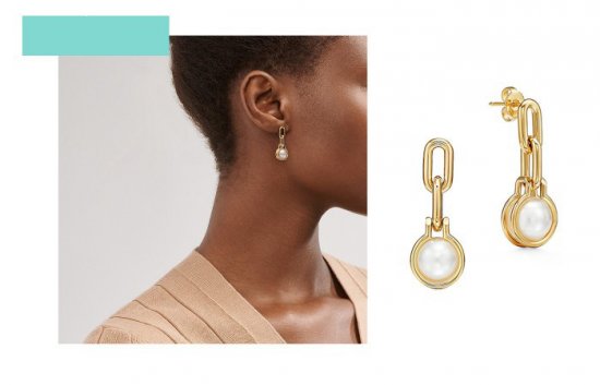tiffany&co 蒂芙尼 tiffany hardwear系列 18k 黄金南洋珍珠链环耳环
